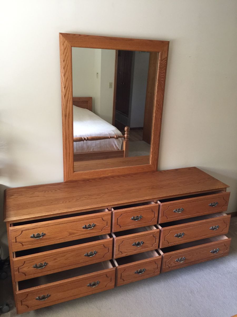 Matching Bedroom Set Including Solid Oak Headboard and Footboard, Chest of Drawers with Attached Framed Mirror and Nightstand