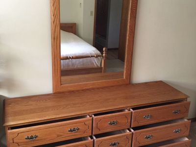 Matching Bedroom Set Including Solid Oak Headboard and Footboard, Chest of Drawers with Attached Framed Mirror and Nightstand