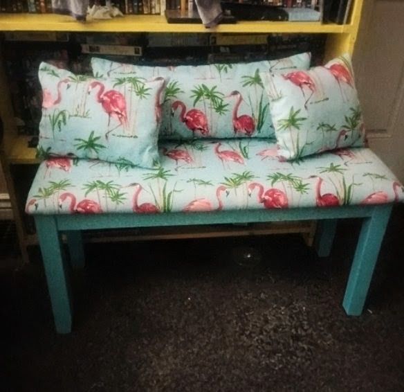 Sale. Refurbished Tropical Pink Flamingo Long Wooden Bench Seat With Pillows