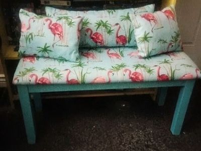 Sale. Refurbished Tropical Pink Flamingo Long Wooden Bench Seat With Pillows