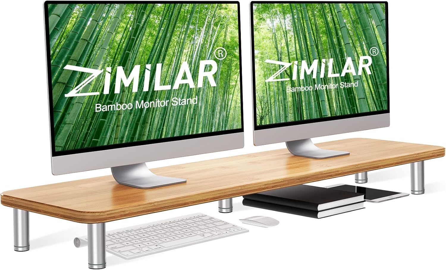 Zimilar Dual Monitor Stand Riser, Bamboo, 2 Levels