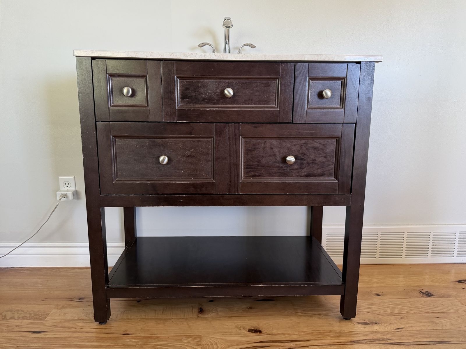 Dark Wood Bathroom Vanity with Marble Top, Sink, and Faucet & more