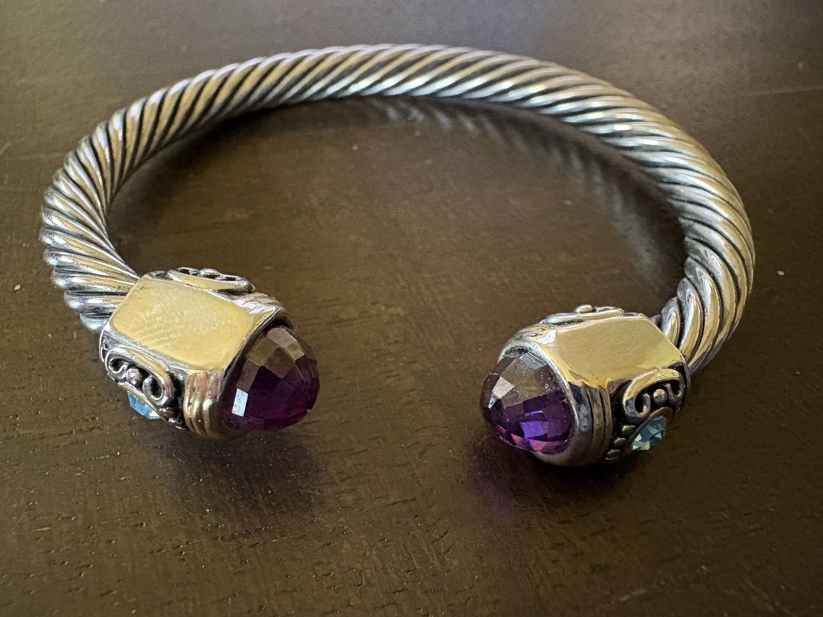 Silver Tone Cuff Bracelet w/ Purple & Blue Stones