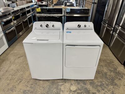 NEW GE TOP LOADING WASHER AND DRYER SET WITH SANITIZE