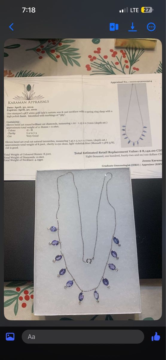 14K T White Gold Natural Tanzanite & Diamond Necklace Apprsail