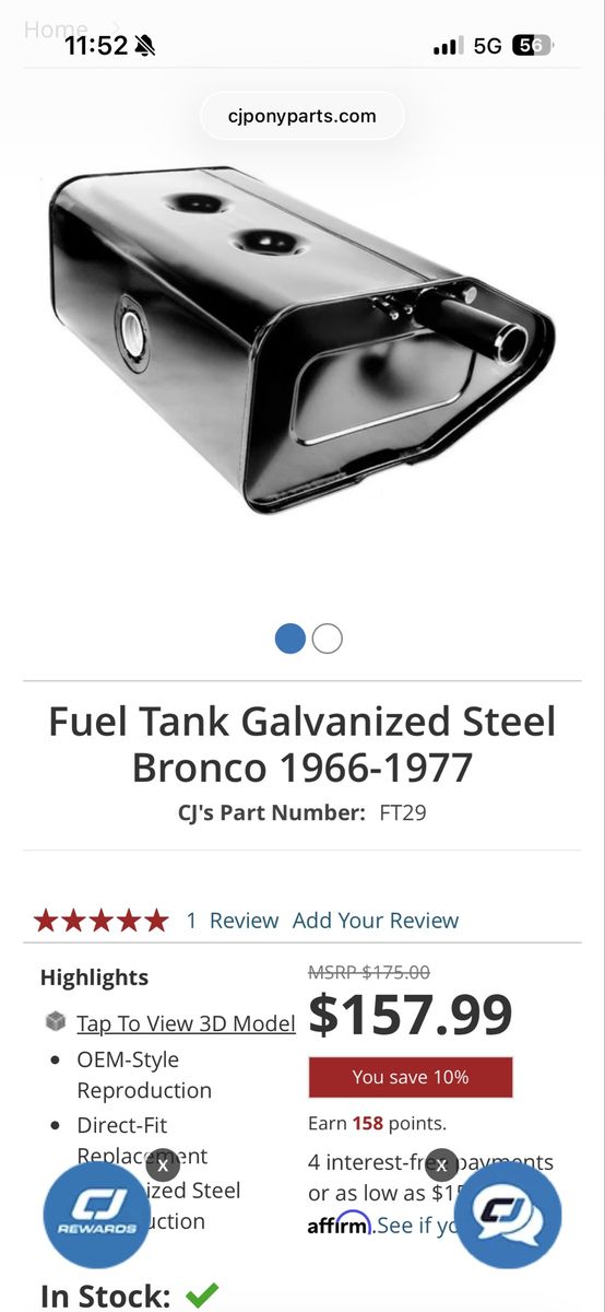 Fuel Tank Galvanized Steel Bronco 1966-1977 BNIB