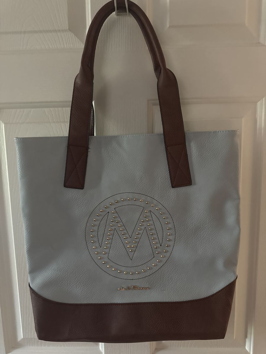 Mia K. Farrow Studded Logo Tote Bag Light Blue Brown Leather
