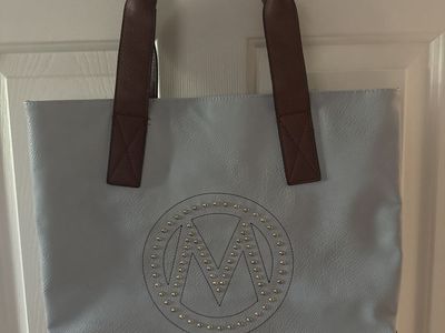 Mia K. Farrow Studded Logo Tote Bag Light Blue Brown Leather