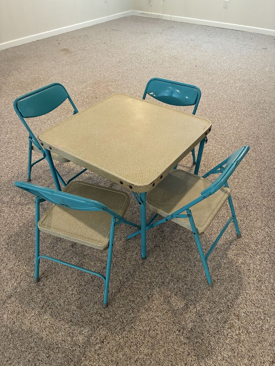 Child's Vintage Teal Metal Folding Card Table and 4 Chairs Set