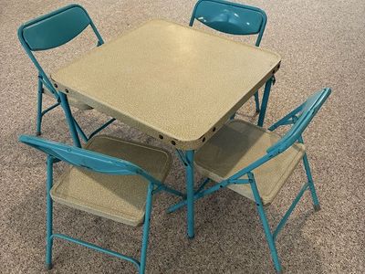 Child's Vintage Teal Metal Folding Card Table and 4 Chairs Set