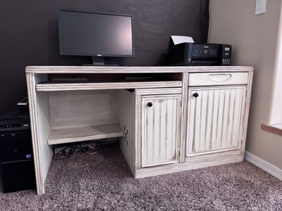 White Distressed Farmhouse Style Computer Desk with Keyboard Tray & Storage