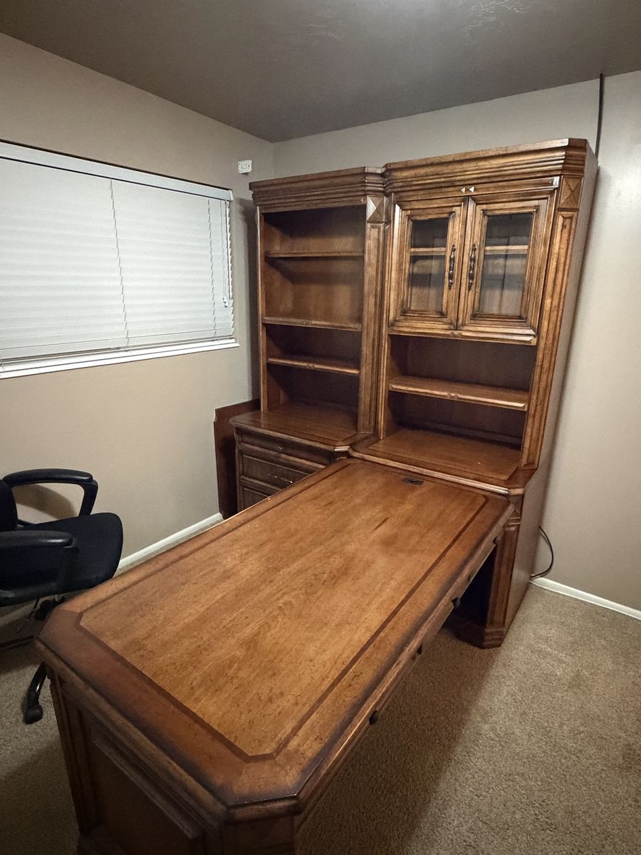 Large Executive Wood Desk with Hutch and Built-In Shelving