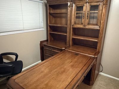 Large Executive Wood Desk with Hutch and Built-In Shelving