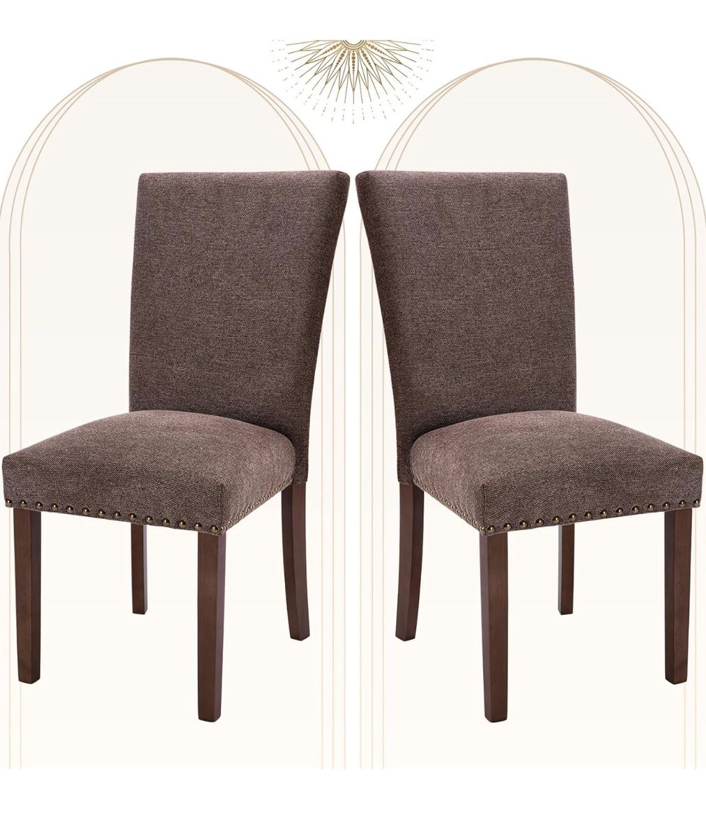 Set of 2 Upholstered Dining Chairs with Nailhead Trim Brown Fabric
