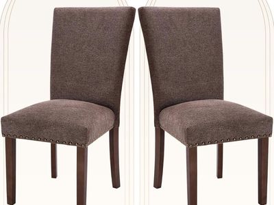 Set of 2 Upholstered Dining Chairs with Nailhead Trim Brown Fabric