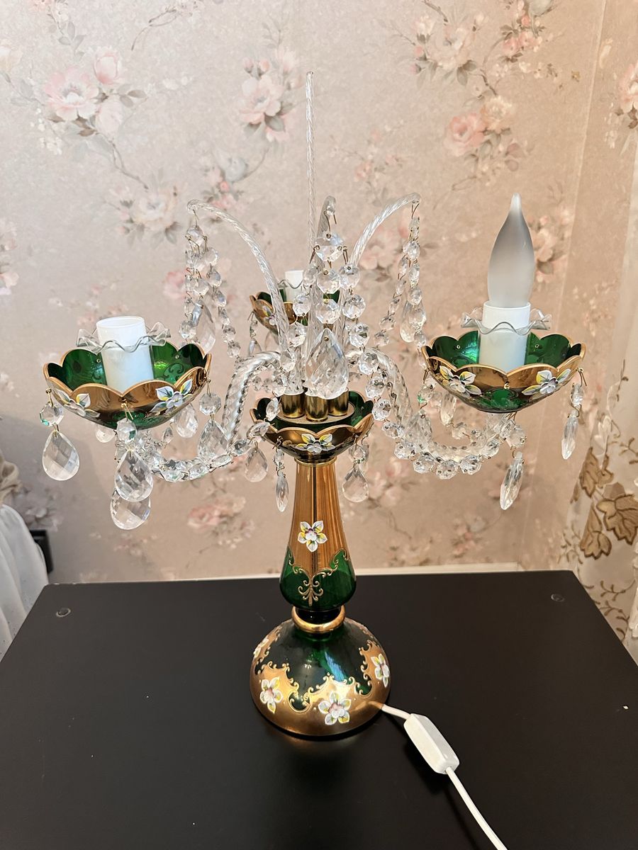 Vintage 3-arm Emerald Green Bohemian Crystal Lamp