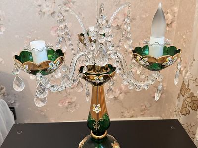 Vintage 3-arm Emerald Green Bohemian Crystal Lamp