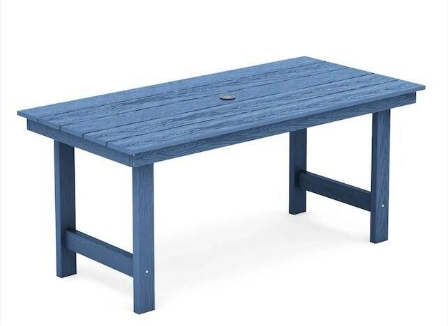 SERWALL HDPE Outdoor Dining Table for 6, 67" Rectangle Patio Dining Table with Umbrella Hole, Blue