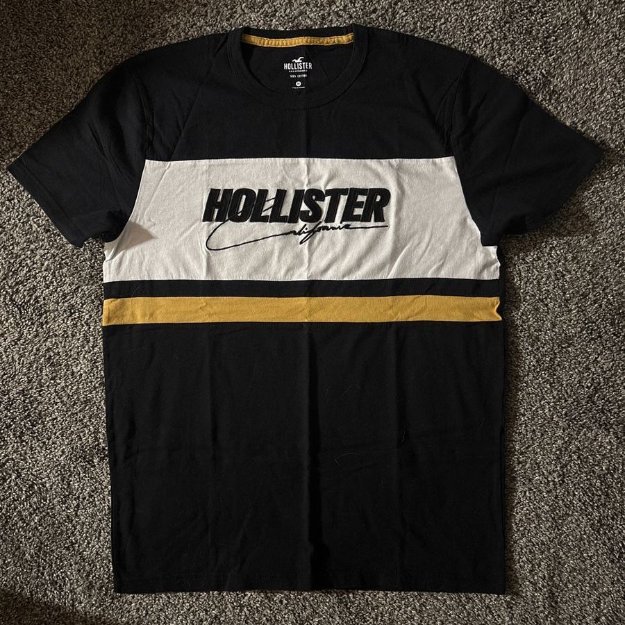 Hollister California Men's Black, White, Yellow Striped Short Sleeve T-Shirt Size M