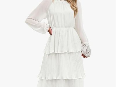 ZESICA Women's White Chiffon Tiered Long Sleeve Midi Dress Size M