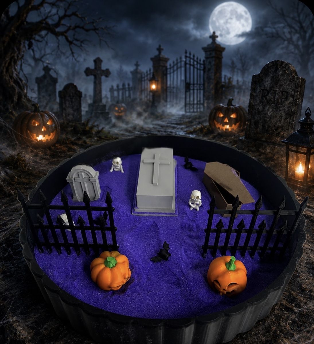 Halloween Miniature zen garden Graveyard Desktop Decor w/ Coffin, Tombstones, Skeletons & Sand