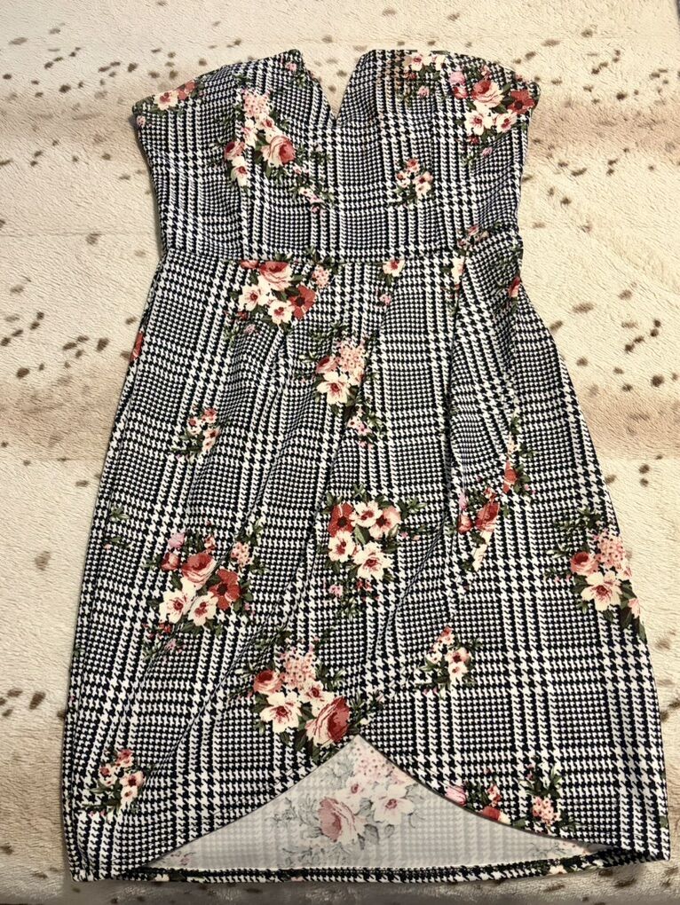 Strapless Floral Plaid Dress