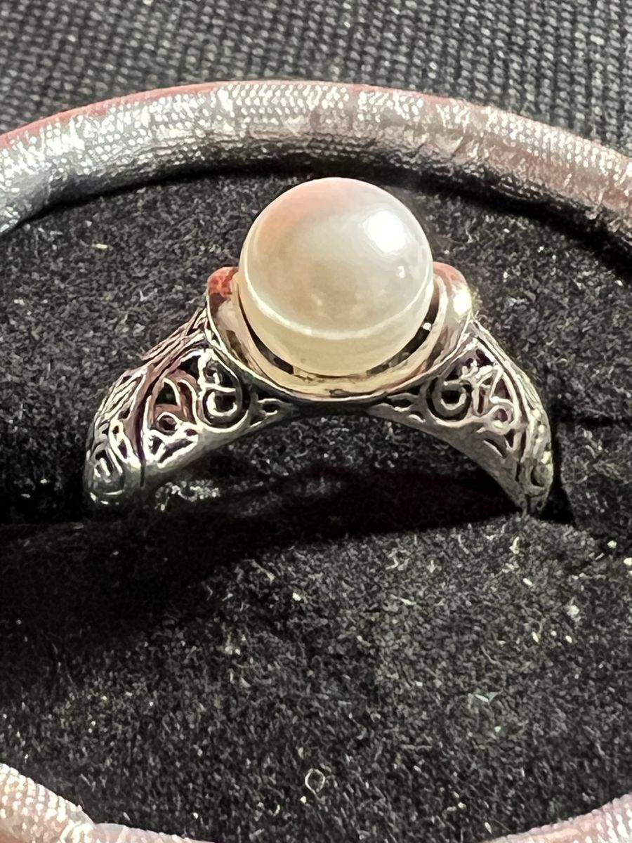 Stainless steel Filigree Ring with Round Pearl Size-7