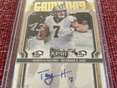 2020 Playoff Game Day Signatures Taysom Hill Saints Certified Auto Card #07/10 Jersey Number Autograph