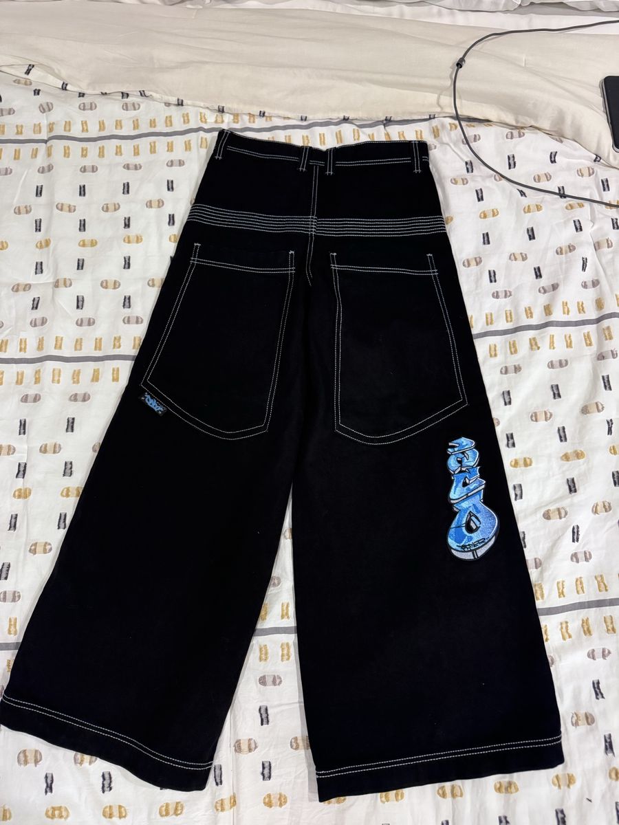 JNCO Roots Men's Black Wide-Leg Denim Jeans Relaxed Mid Rise Zip 90s Style 30W 32L