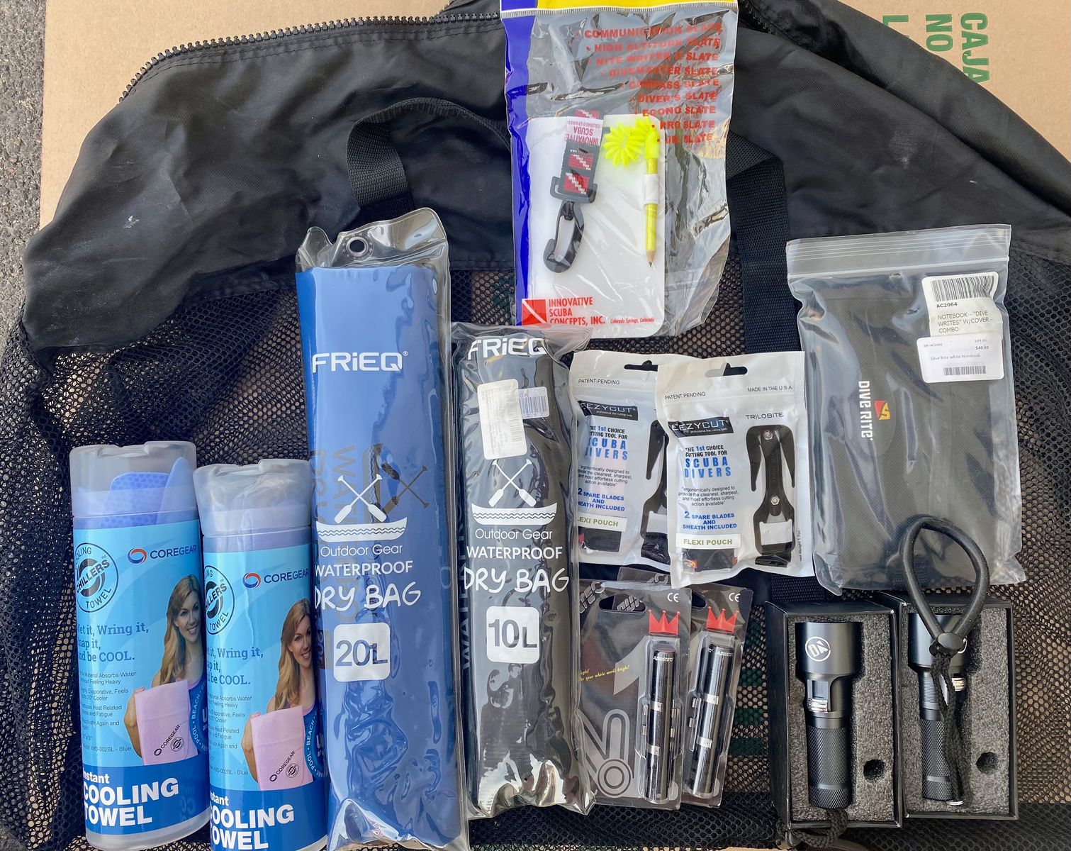Outdoor and Scuba Gear Bundle - SubAcqua Flashlights, Dry Bags, Cooling Towels, Aquatec Flashlights & Dive Rite Accessories