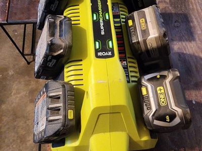 Ryobi ONE+ 18V Supercharger 6-Port Battery Charger with 6 Ryobi Batteries