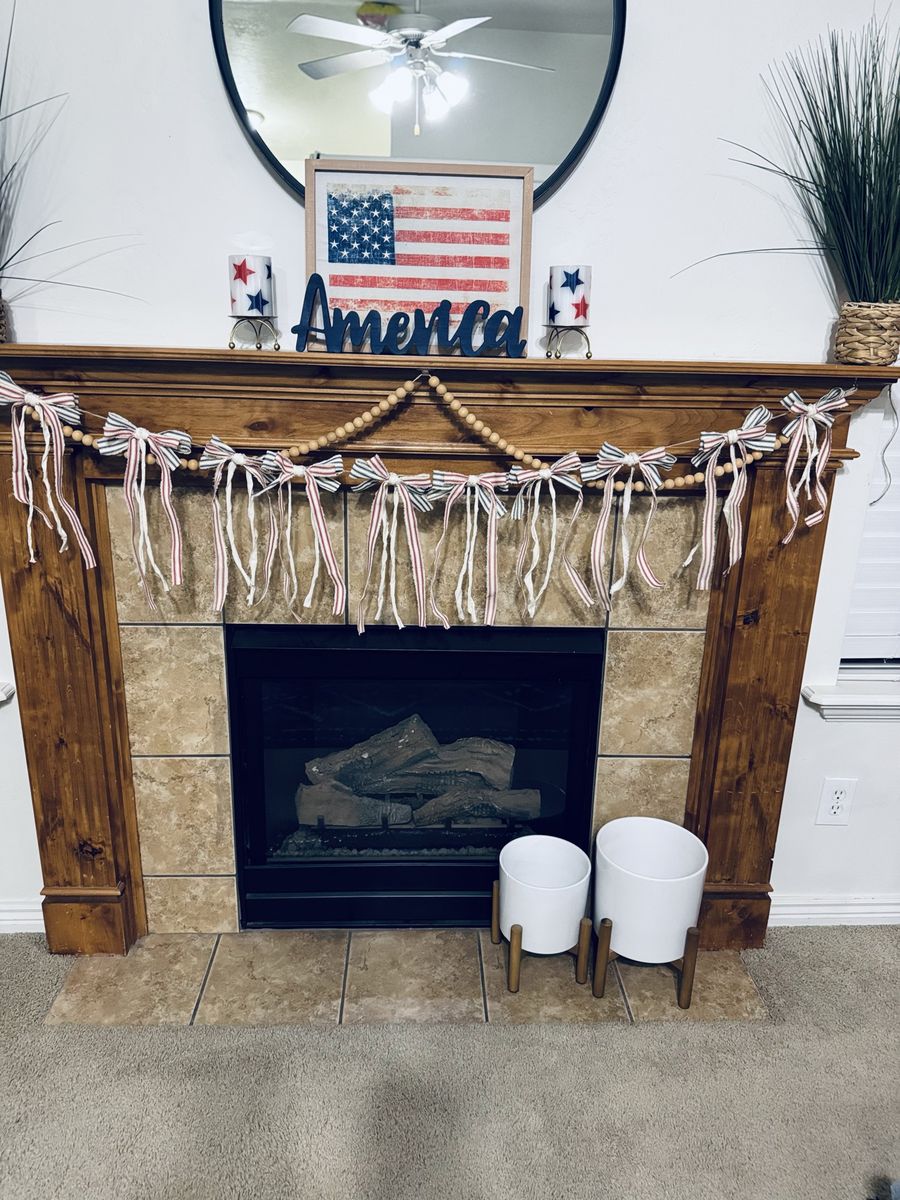Handmade Patriotic Red White Blue Striped Fabric Bow Garland Americana Decor
