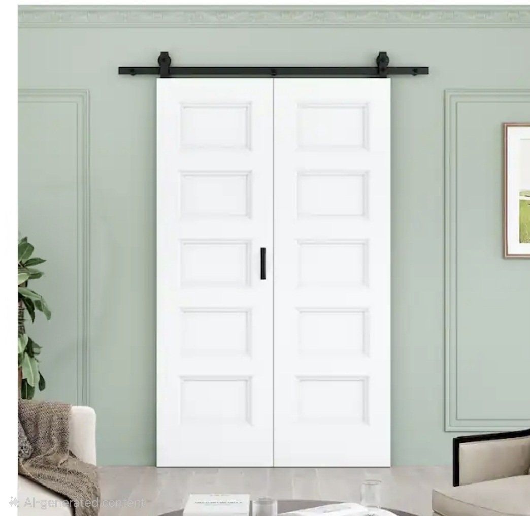 White 56" x 80" MDF 5-Panel Folding Barn Door Kit with Black Hardware & Easy Install