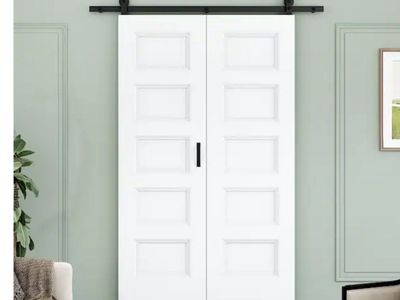 White 56" x 80" MDF 5-Panel Folding Barn Door Kit with Black Hardware & Easy Install
