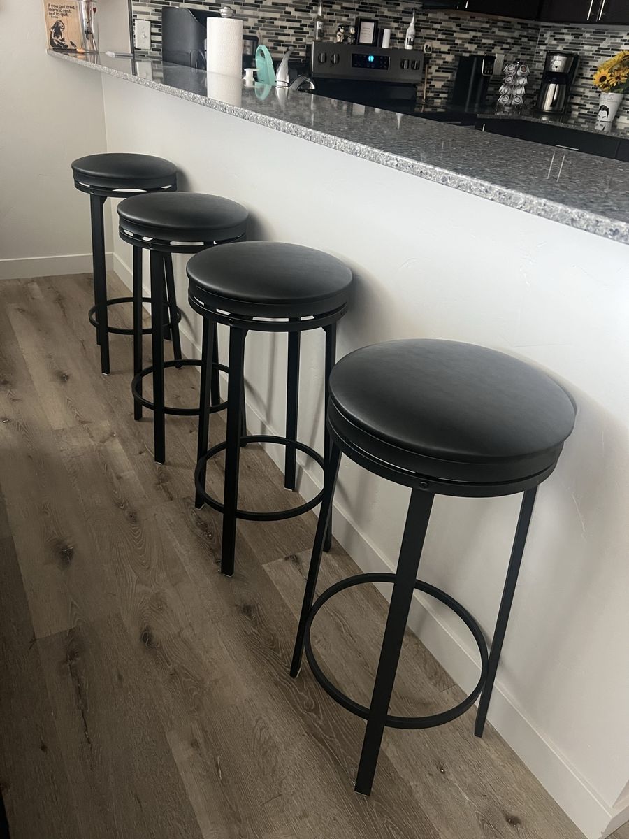 Set of 4 Black Swivel Bar Height Bar Stools, Padded Seats.