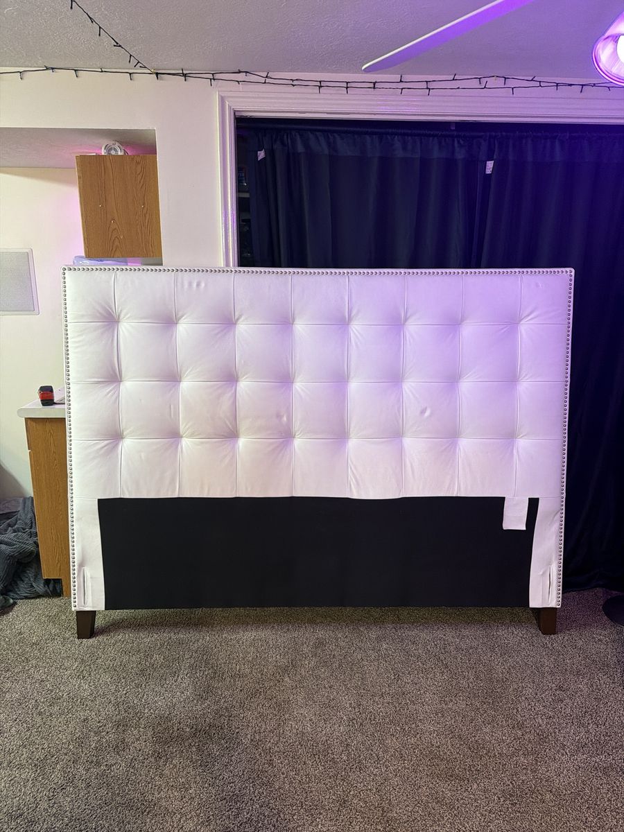 White Tufted Upholstered King Size Headboard with Nailhead Trim