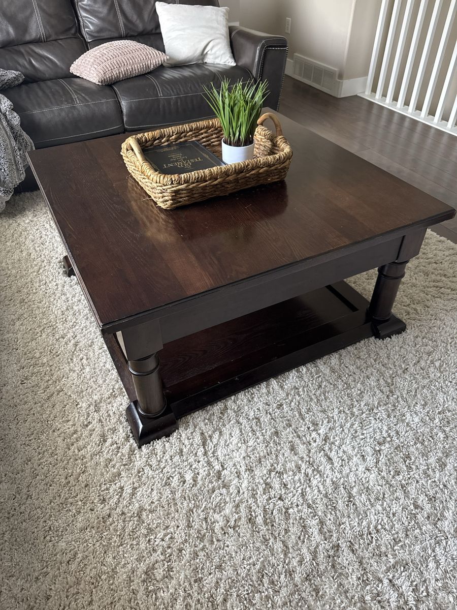 Dark Wood Square Coffee Table with Lower Shelf and Turned Legs