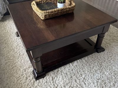 Dark Wood Square Coffee Table with Lower Shelf and Turned Legs