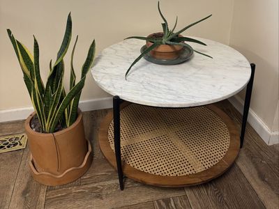 Round Marble Top Coffee Table with Black Metal Legs & Rattan Shelf