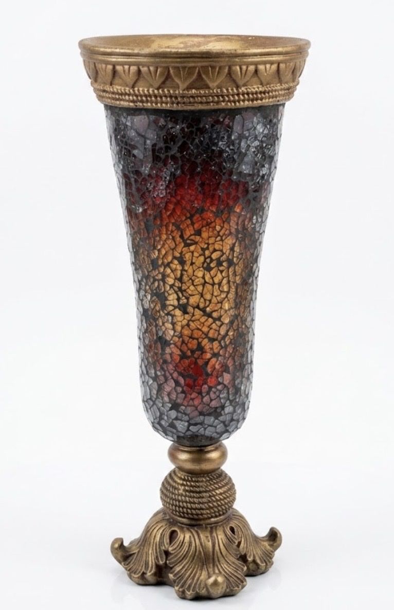 Vintage Mosaic Amber Glass & Bronze Embossed Vase Home Decor 13" Tall