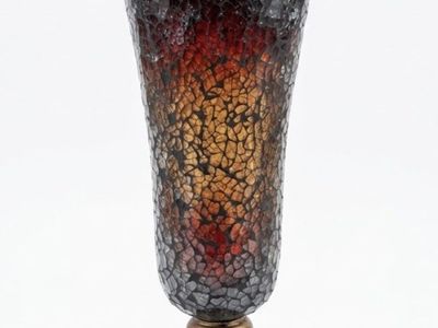 Vintage Mosaic Amber Glass & Bronze Embossed Vase Home Decor 13" Tall