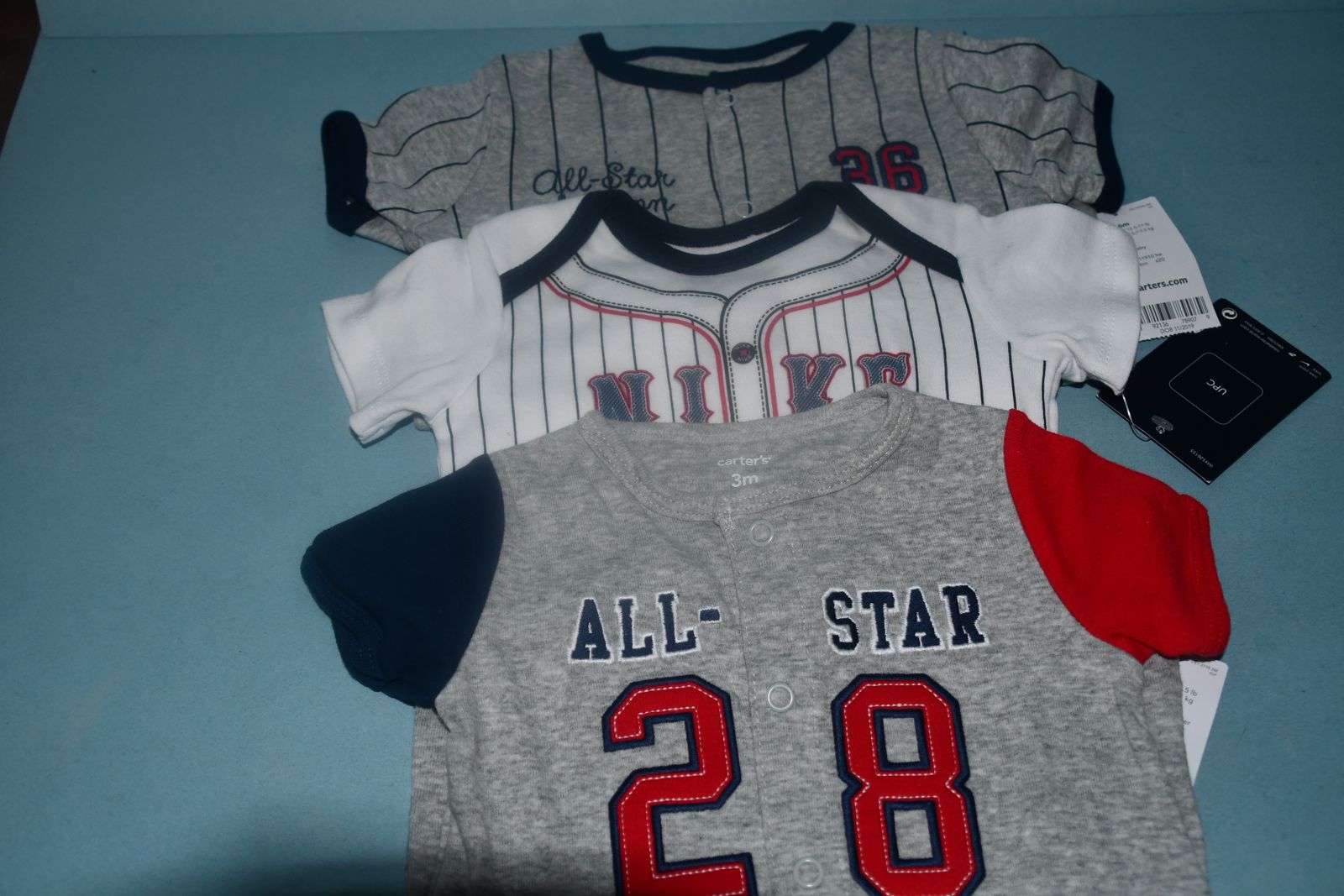 3 NWT "BASEBALL" BABY ONESIES ~ SIZE 3 & 6 MONTHS ~ CUTE ~ ALL 3 for $5