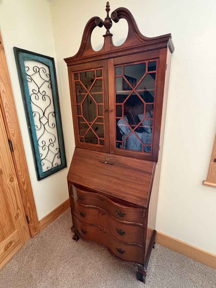 Vintage Wooden Secretary Desk with Glass Hutch and Serpentine Drawers