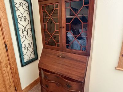 Vintage Wooden Secretary Desk with Glass Hutch and Serpentine Drawers