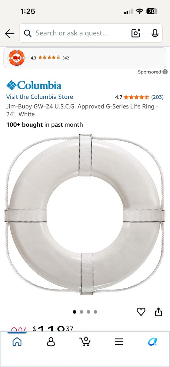 Columbia Jim-Buoy GW-24 U.S.C.G. Approved G-Series Life Ring - 24" White