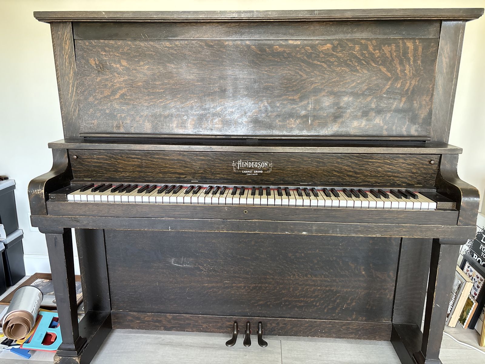 Henderson Cabinet Grand Chicago Upright Piano - Vintage Dark Wood Finish