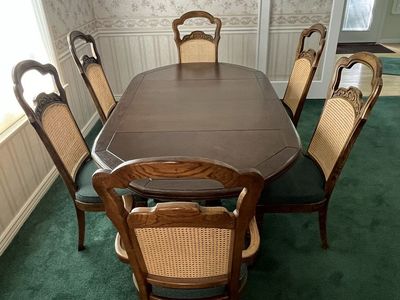 Gorgeous Vintage Solid Dark Wooden Dining Table Set with 6 Cane Back Chairs and Green Cushions OGDEN