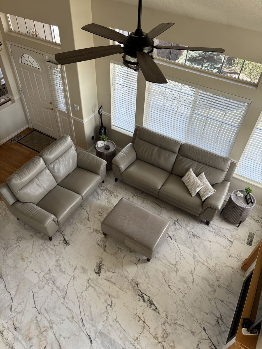 Living Spaces Family Room Furniture Matching Leather Reclining Sofa, Reclining Loveseat, Ottoman with Storage, & End Tables