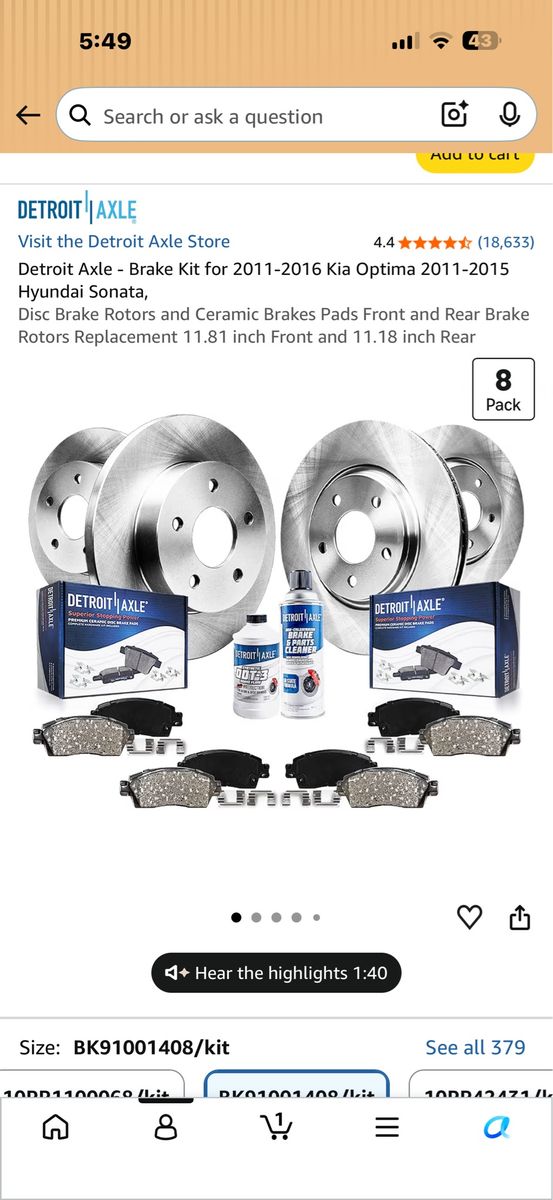 DETROIT AXLE Brake Kit for 2011-2016 Kia Optima, 2011-2015 Hyundai Sonata - Rotors & Ceramic Pads