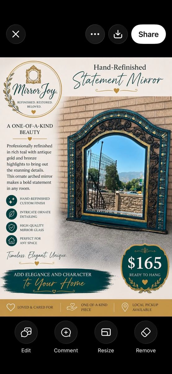 Mirror Joy Hand-Refinished Ornate Arched Statement Mirror in Teal and Gold
